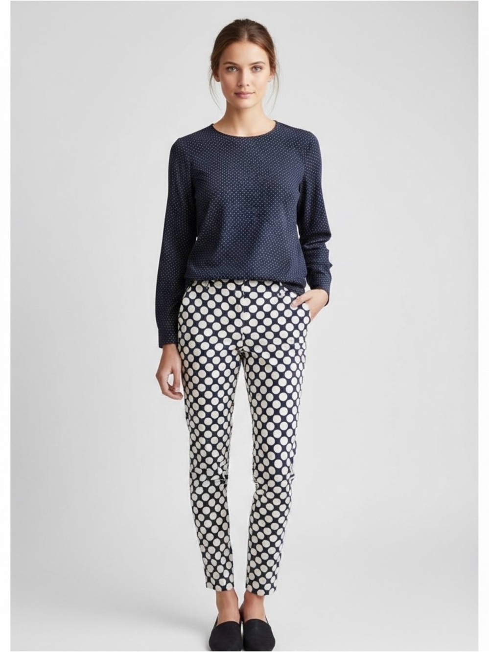 J. Crew City Fit Stretch Polka Dot Pants Size 8 Navy White